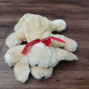 Kids of America Corp Plush Puppy Dog Beige Floppy VTG Stuffed Toy 14" Red Bow